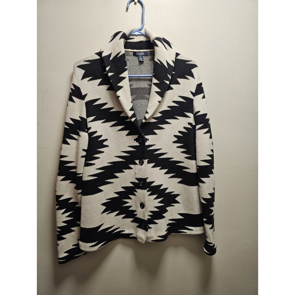 CHAPS Aztec Cardigan Sweater Button Front Southwestern Black White Large Cotton